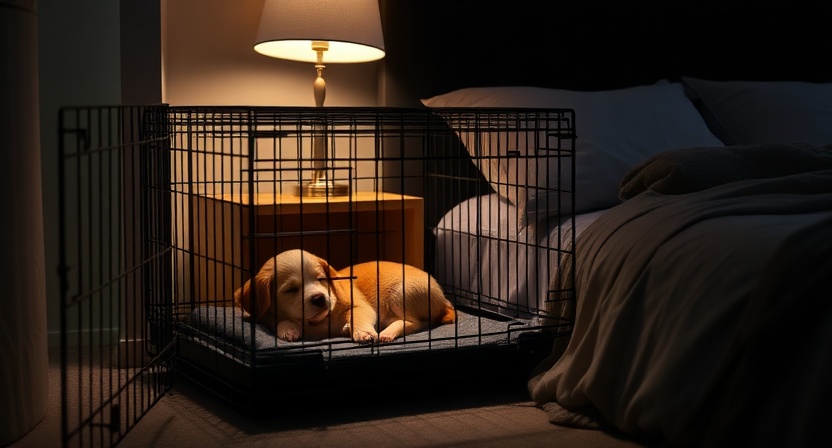 Puppy sleeping peacefully in crate at night beside owner’s bed.