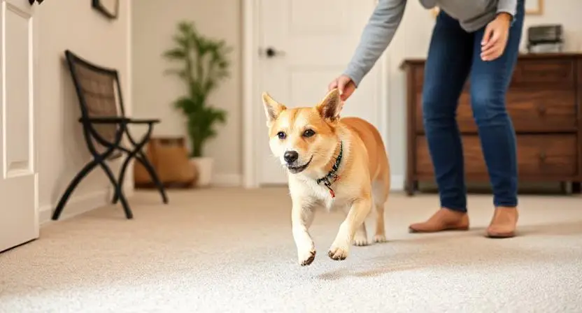 Dog owner demonstrating how to stop post-bath zoomies by redirecting dog to safe designated area