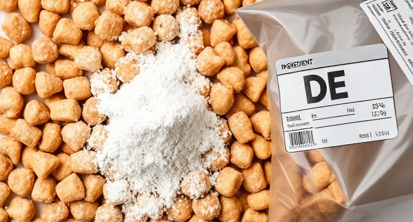 Pet food with added Diatomaceous Earth Food Grade for Dogs as natural anti-caking agent and supplement.