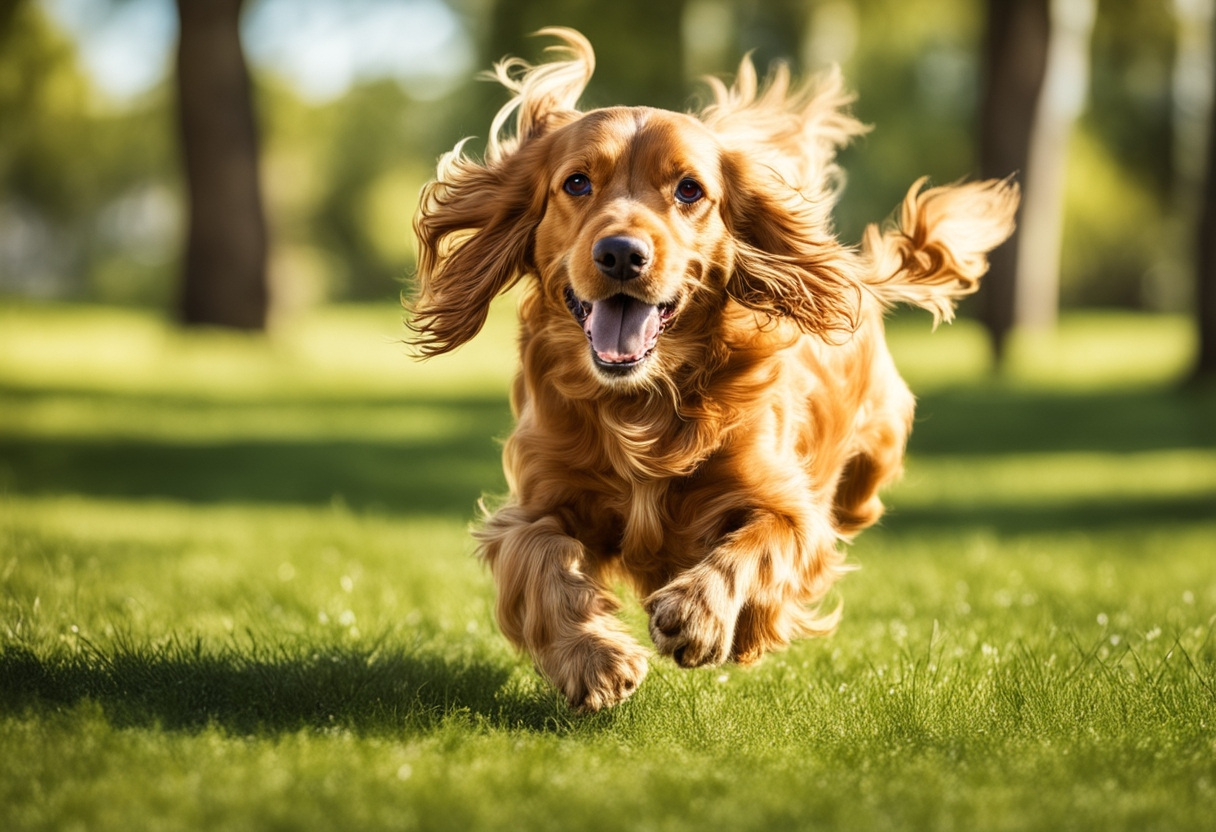 Golden Cocker Spaniel running joyfully in a park