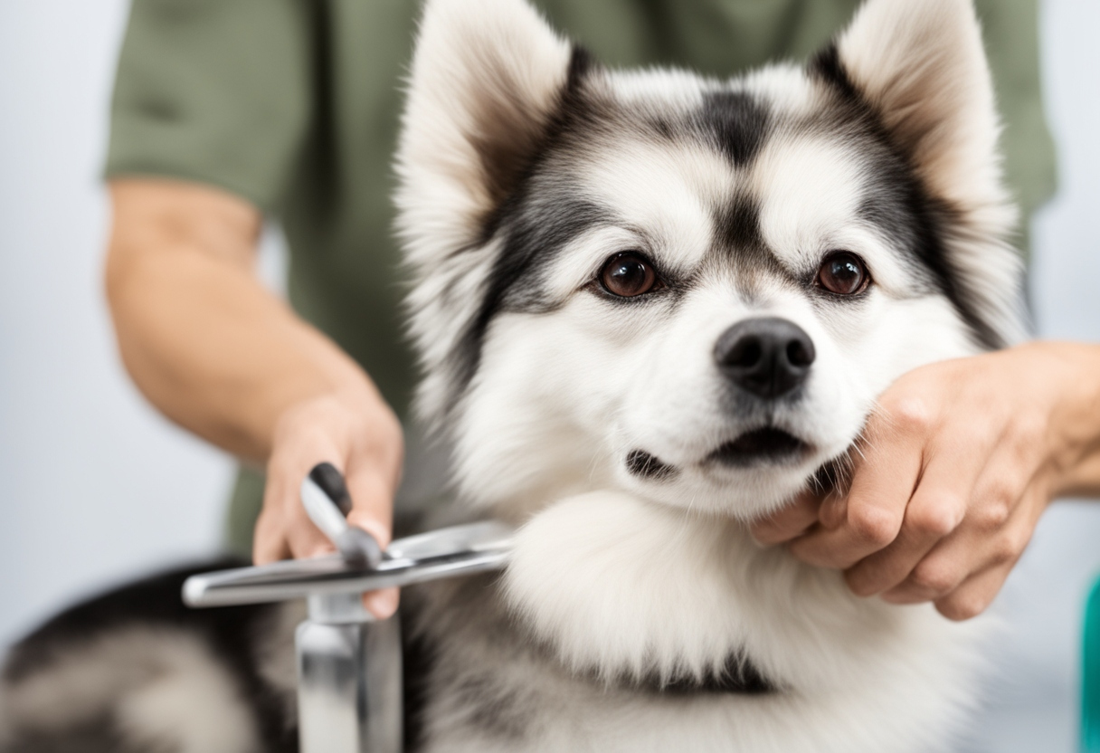 Owner brushing Alaskan Klee Kai on a grooming table, fur visible in brush. Close-up of coat texture, professional dog grooming scene, bright clean background.