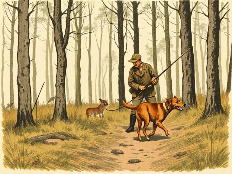 Vintage illustration of a Jagdterrier hunting with its owner in Germany