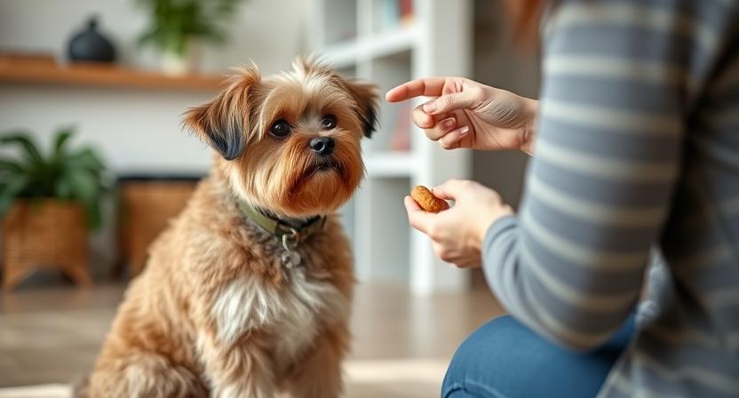 Havanese dog being trained with treats, showing intelligence and trainability.