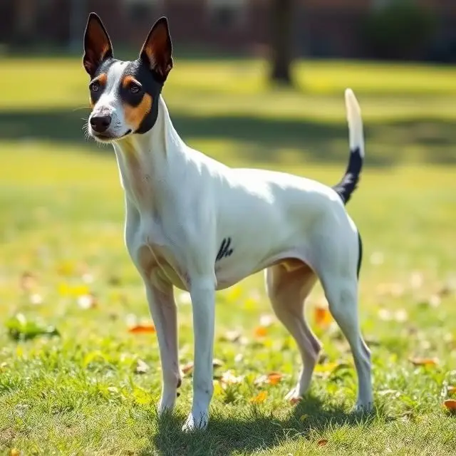 Smooth Fox Terrier standing confidently on grass with alert expression.