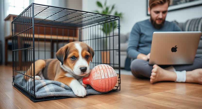 Puppy in crate with frozen Kong toy while owner works from home.
