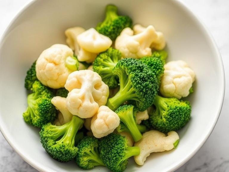 Steamed broccoli and cauliflower served in a simple white bowl, healthy food photography.