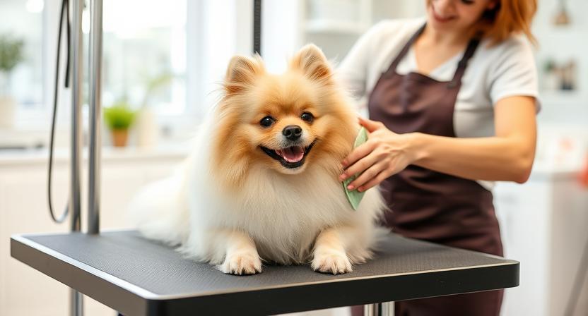 Owner brushing a fluffy German Spitz on a grooming table. The dog looks happy and relaxed. Bright, clean grooming salon setting