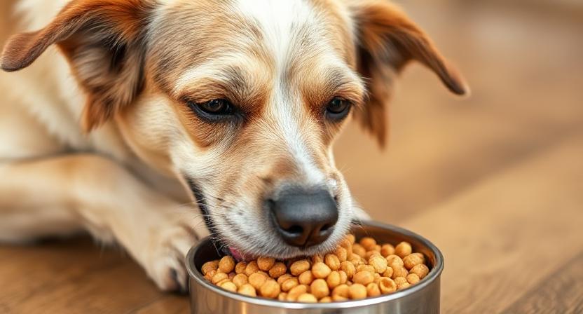 Senior dog eating softened kibble as soft food option after dental surgery.