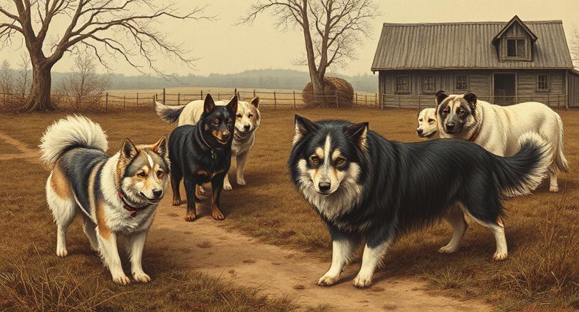 Vintage-style illustration of early German Spitz dogs on a farm, guarding and herding. Artistic but realistic look, muted historical tones.