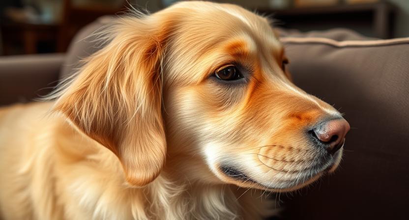 Golden Retriever sitting on a couch