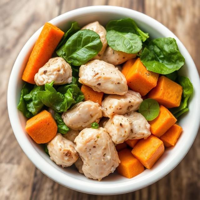 Close-up of fresh homemade dog food bowl with chicken, carrots, spinach, and sweet potatoes, showing natural sodium sources, no added salt.