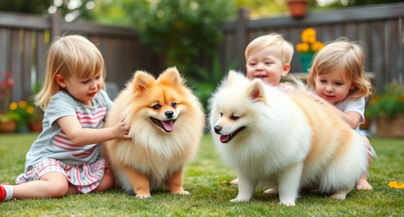 German Spitz playing gently with children in a backyard. Family-friendly, warm lifestyle photography with joyful expressions.