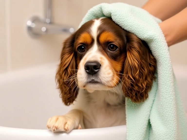 Cocker Spaniel being dried with a towel after a bath