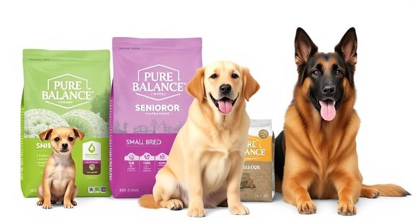 Pure Balance life stage formulas for small breed, large breed, and senior dogs.