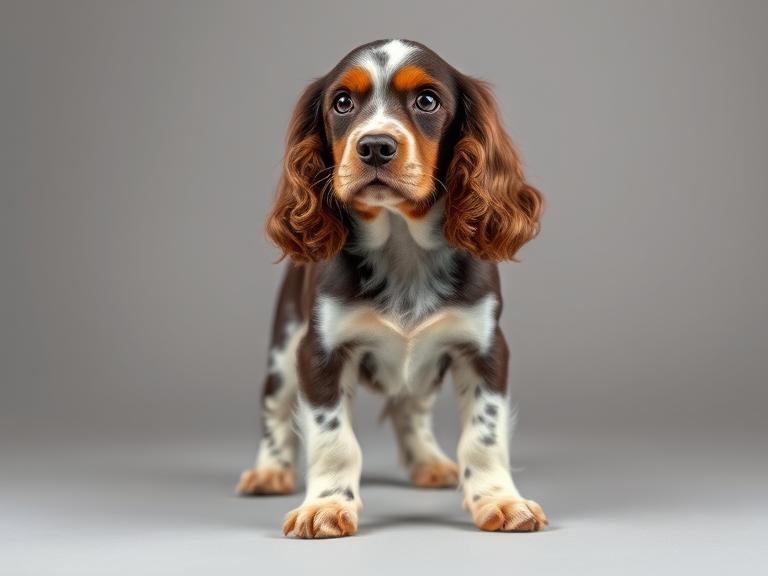 Cocker Spaniel with lamb cut style, rounded legs and shorter body coat