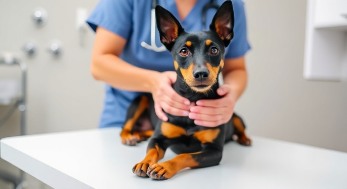 Vet examining a Manchester Terrier, representing breed health and care.