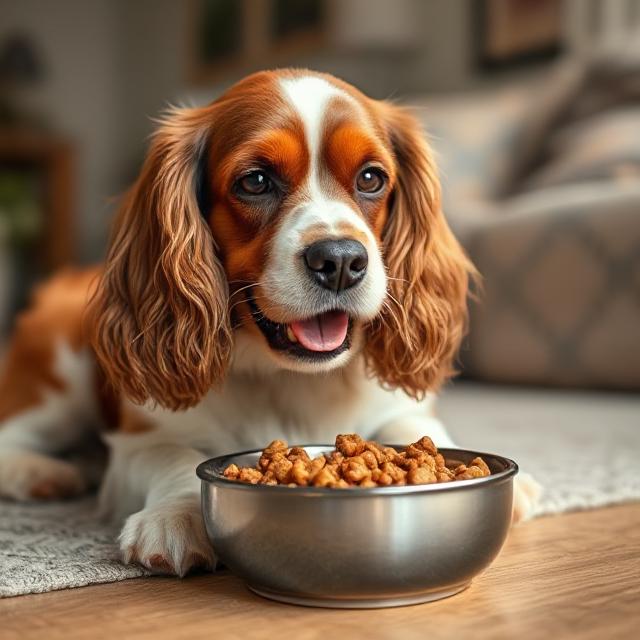 Cocker Spaniel eating the best soft food for dogs after dental surgery in a cozy home setting.