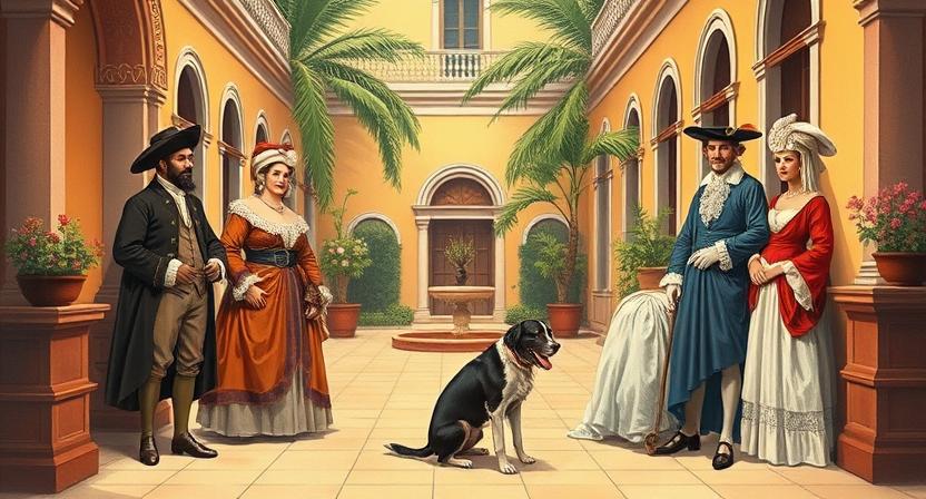 Historic depiction of Havanese dog with Cuban aristocrats, showing breed origins.