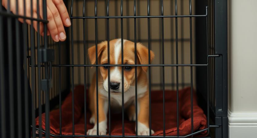 Puppy in crate with owner checking maximum safe crate time.