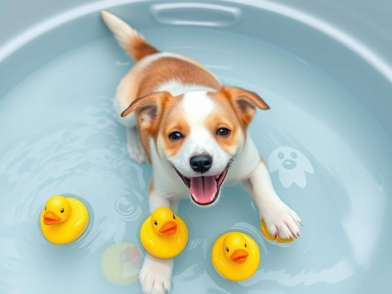 A happy puppy playing with floating rubber duck toys in a shallow tub, tail wagging, with a relaxed and playful vibe.