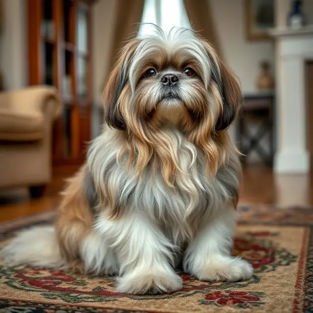 Lhasa Apso with long flowing coat sitting regally indoors.