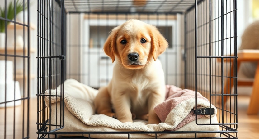 4-month-old puppy relaxing in a crate with cozy bedding during crate training.