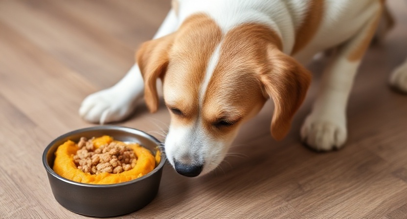 Dog eating pumpkin and sweet potato mix to help firm up stool naturally.