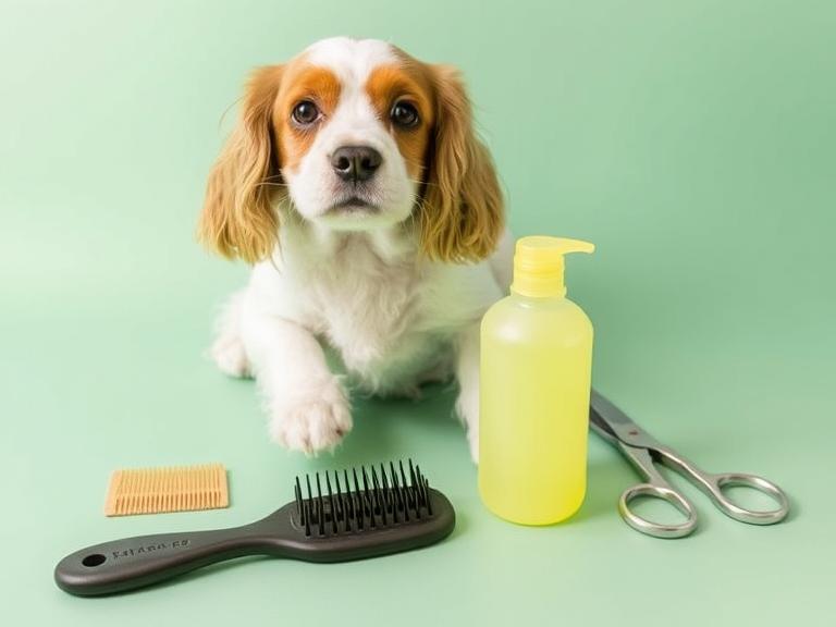 Cocker Spaniel grooming essentials including brush, comb, shampoo, and scissors”