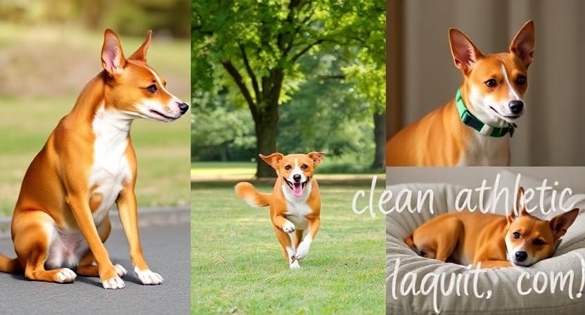 Basenji showing its unique traits: cat-like cleaning, playful running, and calm demeanor.