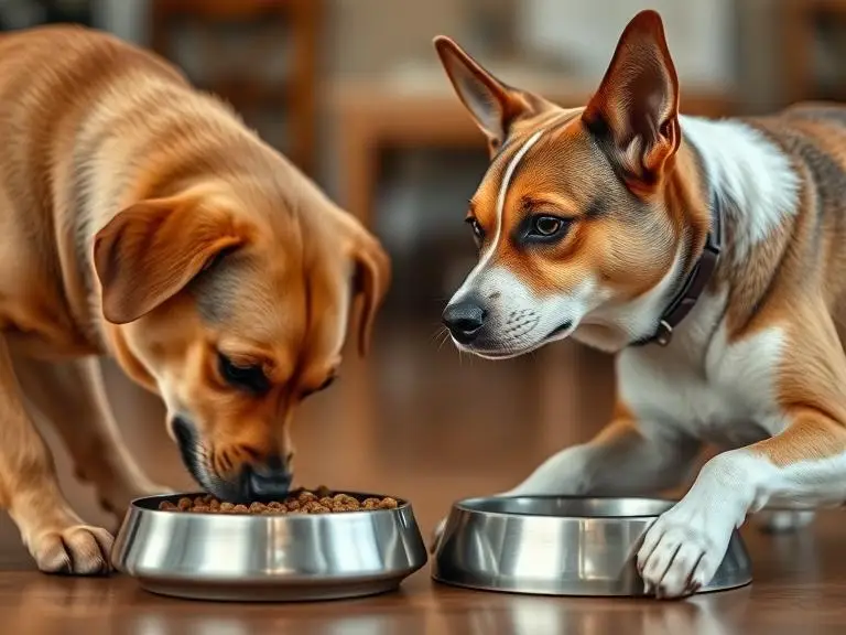Two dogs with contrasting behavior around food bowls 