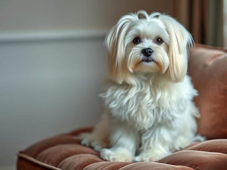 Maltese dog with long silky white coat sitting gracefully on a cushion indoors.