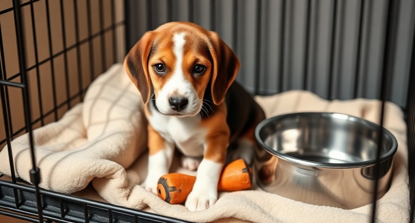 3-month-old beagle puppy in crate with chew toy following training schedule.