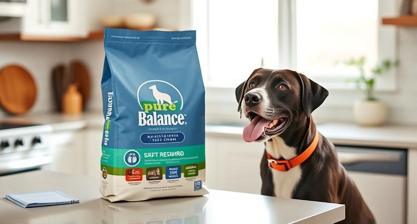 Pure Balance dog food bag with a Labrador excited for mealtime.