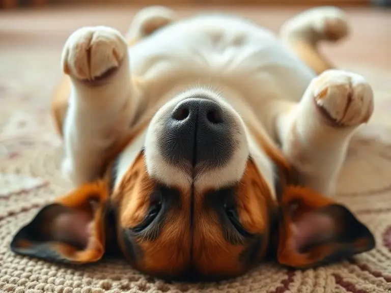A dog lying on its back with belly up, paws in the air, silly and relaxed, homey and cheerful atmosphere.