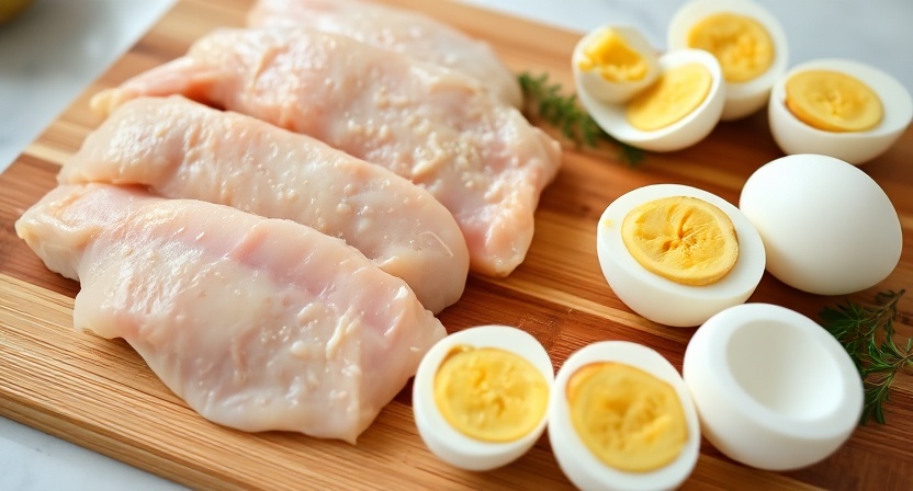 Lean chicken breast and boiled eggs prepared for dog food