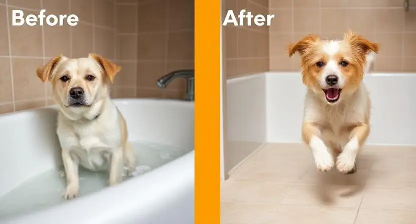 Before and after comparison showing reasons dogs get zoomies after bath from calm to energetic behavior