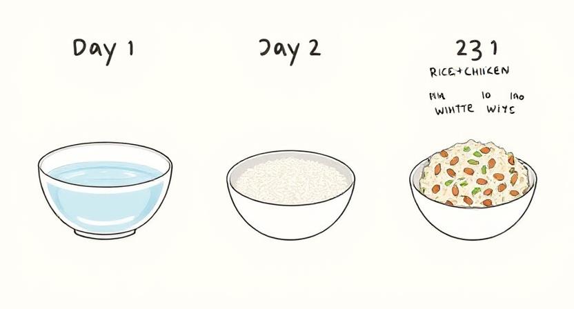 3-Day recovery protocol for feeding dogs with diarrhea – fasting, bland rice, gradual food mix.