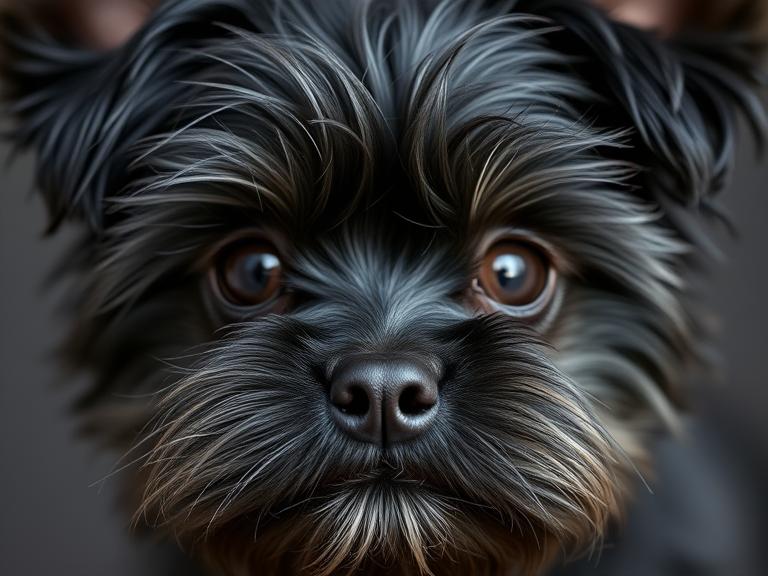 Close-up of Affenpinscher face with shaggy hair and wiry black coat.