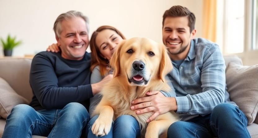 Happy family hugging their clean dog. 