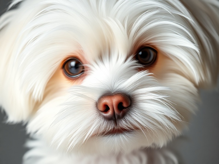 Physical features of Maltese dog with silky white coat and expressive eyes.