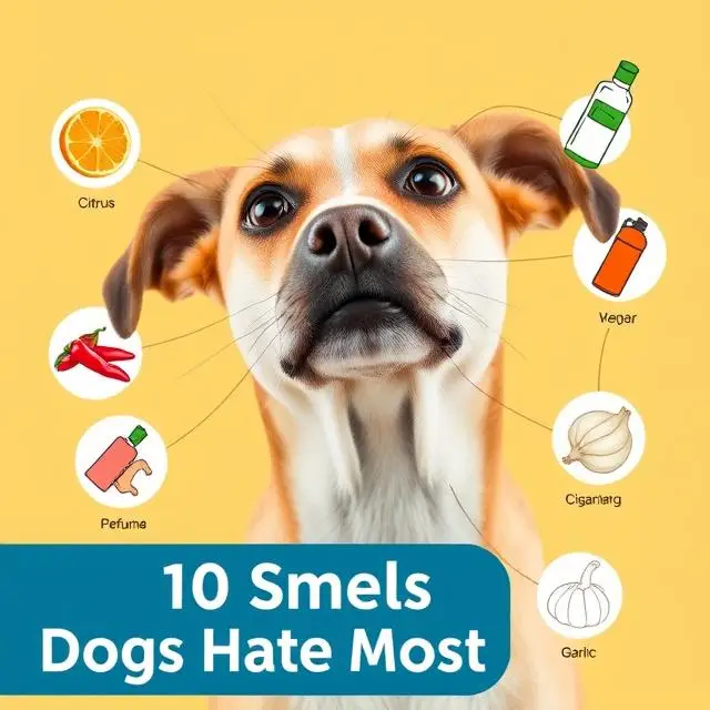 Dog reacting to strong smells with icons of citrus, vinegar, chili peppers, perfume, bleach, garlic, and cigarette smoke.