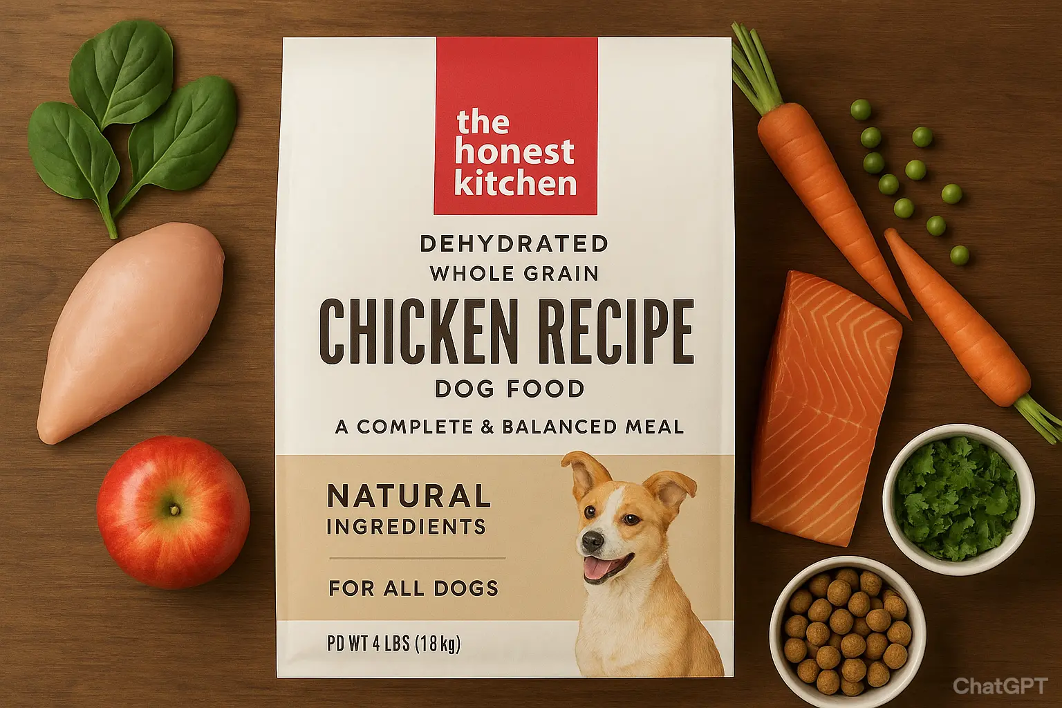The Honest Kitchen dog food review – premium human-grade dehydrated dog food with fresh ingredients including beef, vegetables, and grains, displayed with healthy meal presentation for dogs.