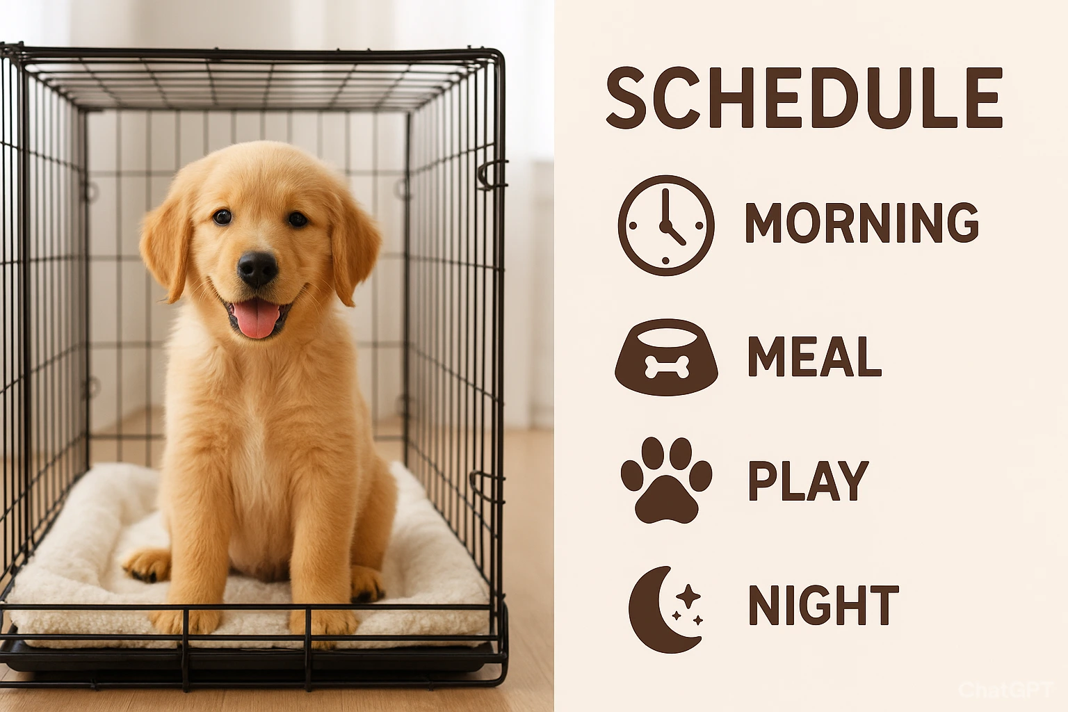 Golden retriever sitting happily in a crate next to a visual 4 Month Old Puppy Crate Training Schedule with icons for morning, meals, play, and night routine.