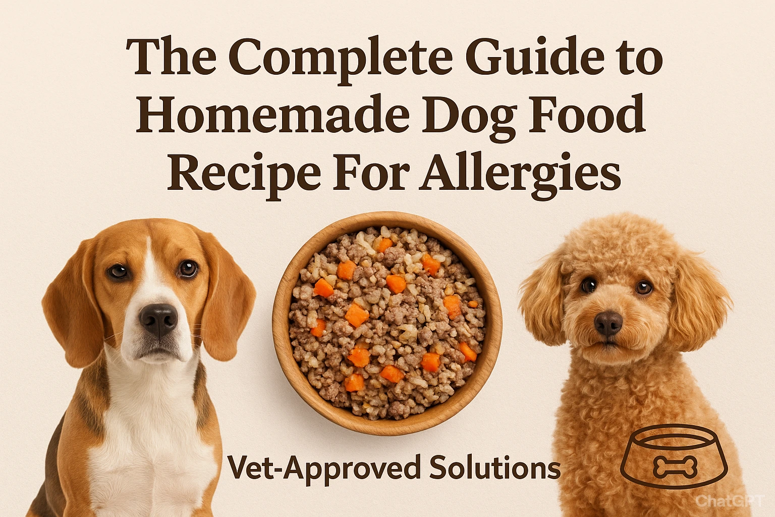 Homemade dog food recipe for allergies with a bowl of fresh turkey, rice, and carrots surrounded by healthy, happy dogs – vet-approved solution for itchy skin and sensitivities.