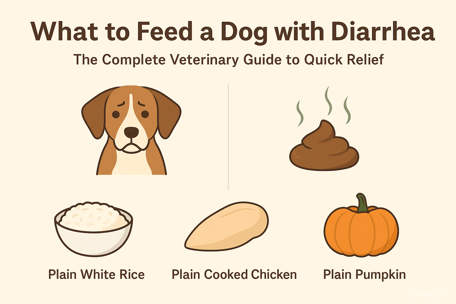 Homemade dog food recipe for allergies – veterinary guide illustration showing plain white rice, plain cooked chicken, and plain pumpkin as safe foods for dogs with diarrhea.
