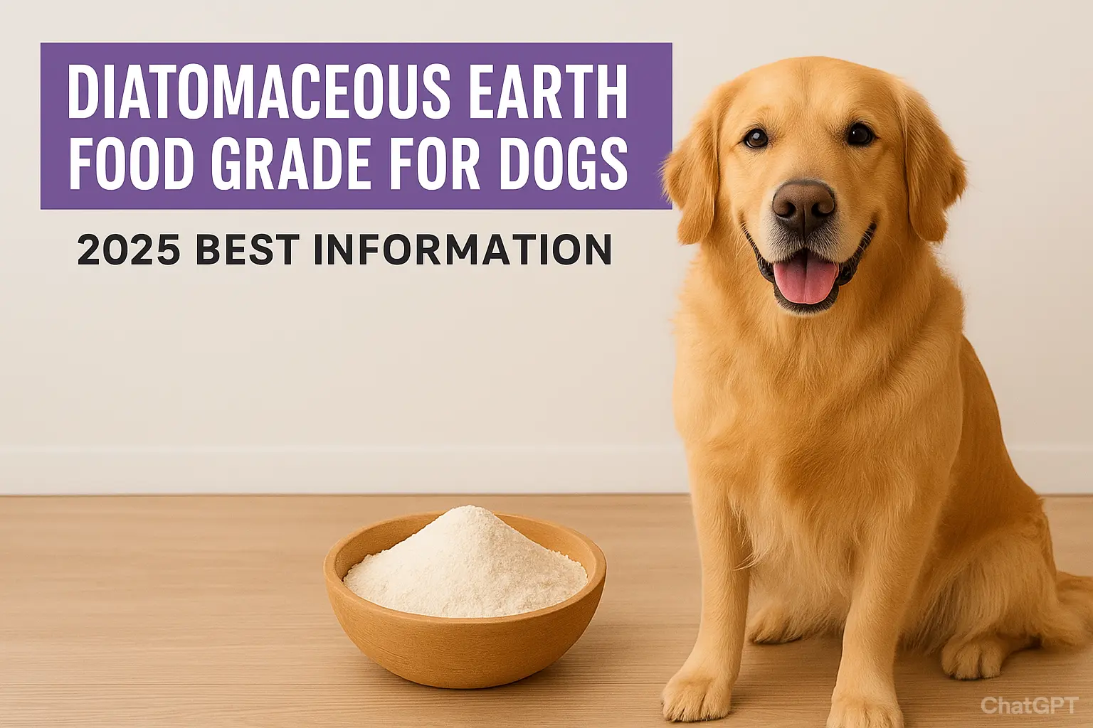 Diatomaceous Earth Food Grade for Dogs – a Golden Retriever sitting beside a wooden bowl filled with food grade diatomaceous earth powder, with 2025 best information text on banner.