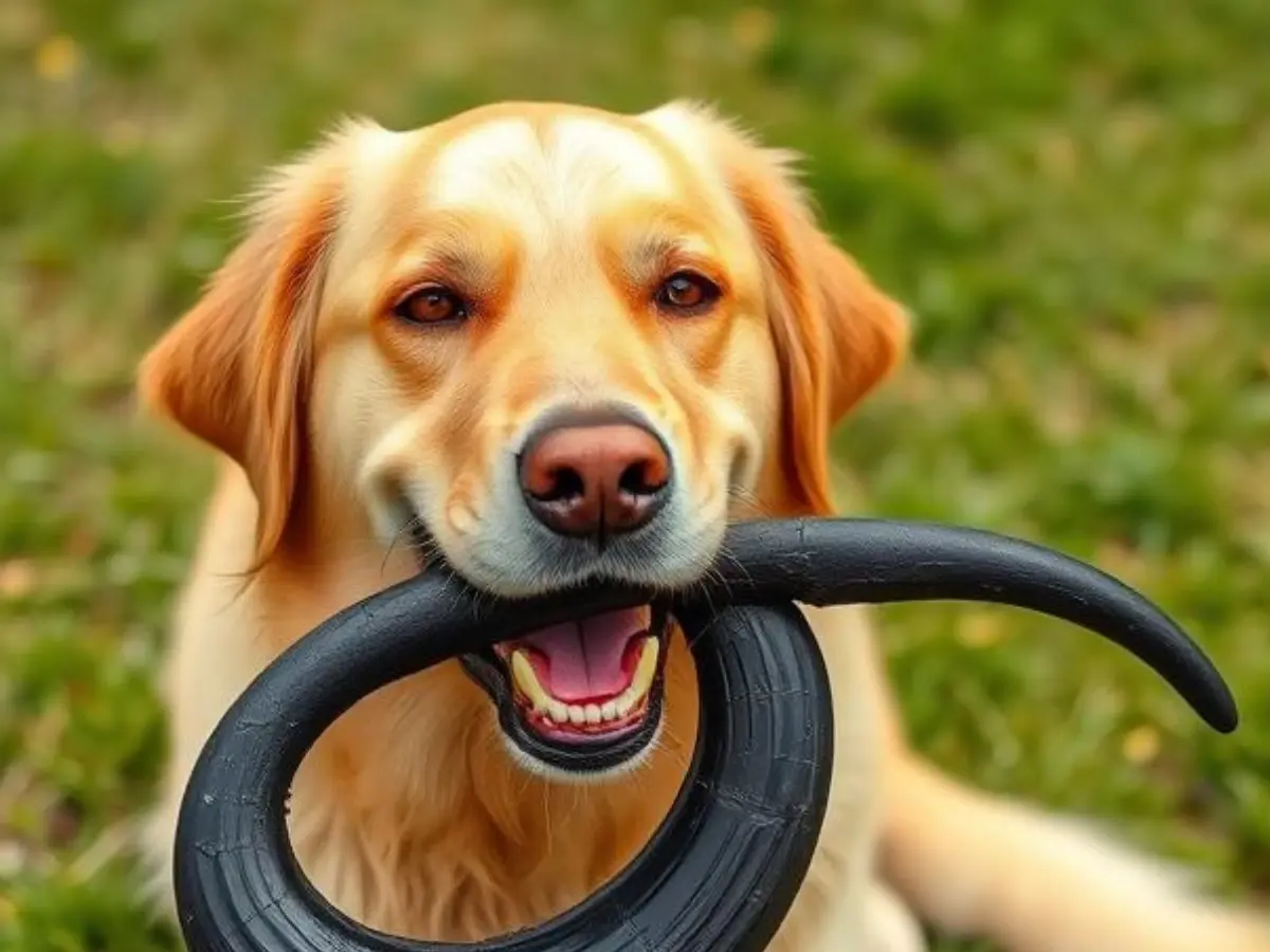 Water buffalo horn for dogs - happy Golden Retriever dog chewing safely on natural buffalo horn treat in backyard