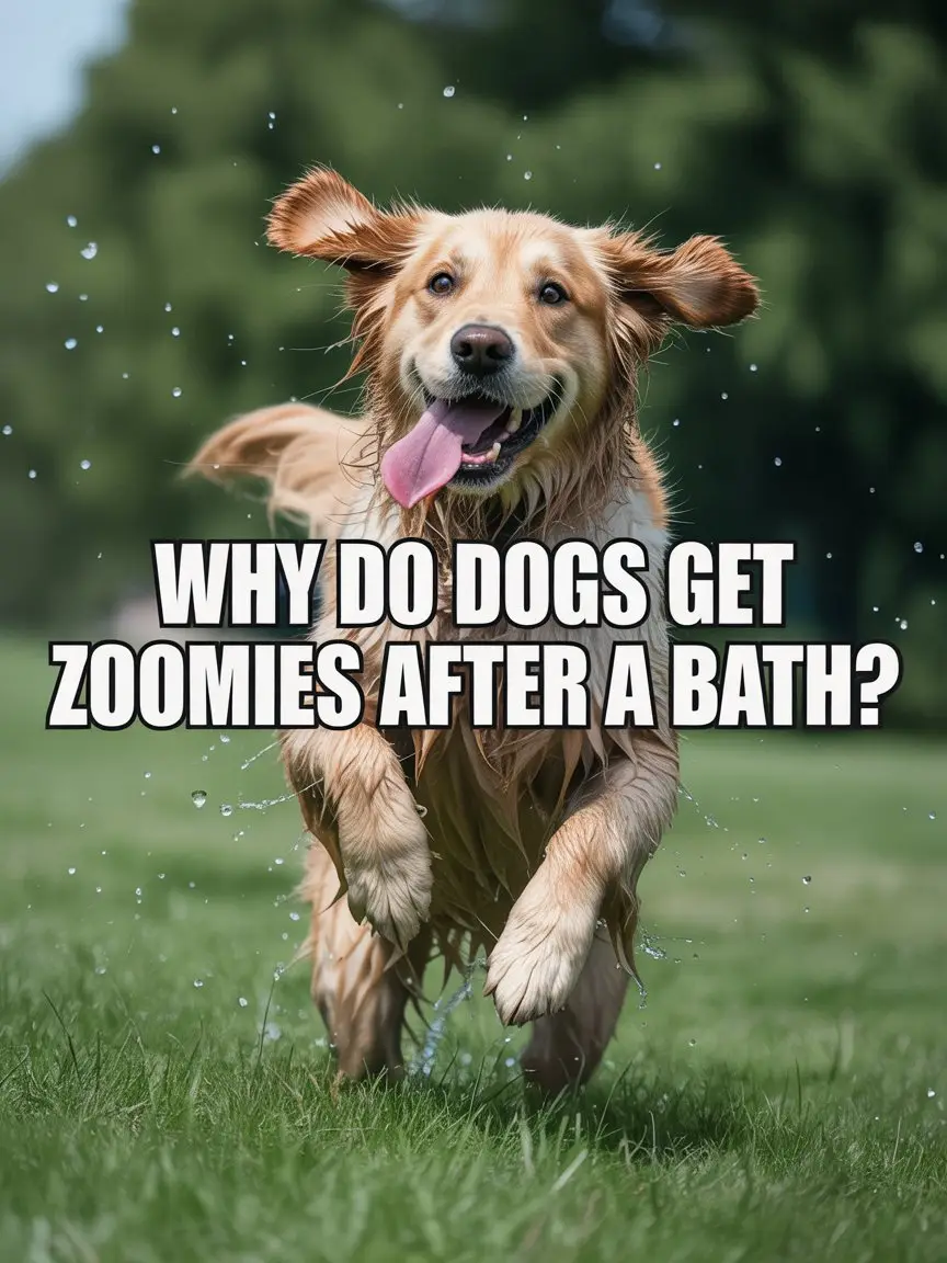 Happy dog running in circles showing why do dogs get zoomies after a bath with water droplets flying from wet fur