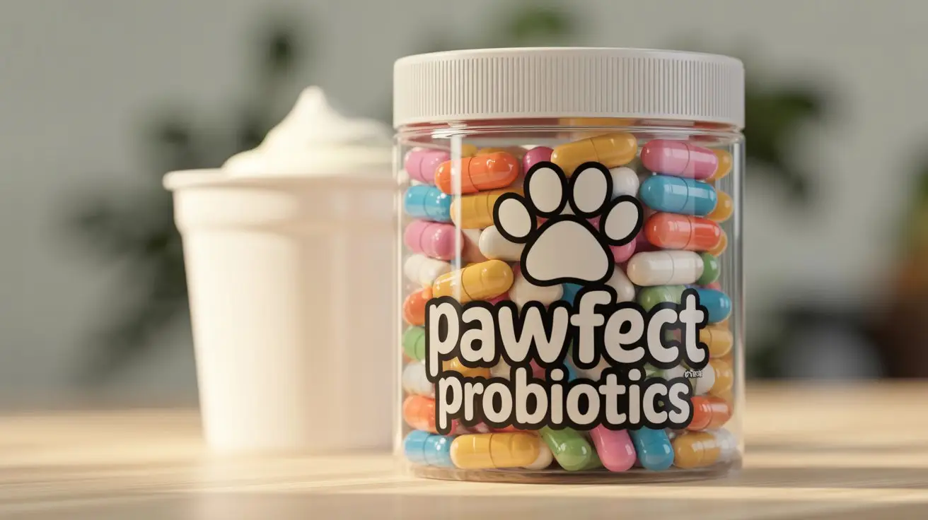 Dog probiotic supplements shown as safer alternatives to yogurt, emphasizing solutions beyond How Much Yogurt Can a Dog Have.