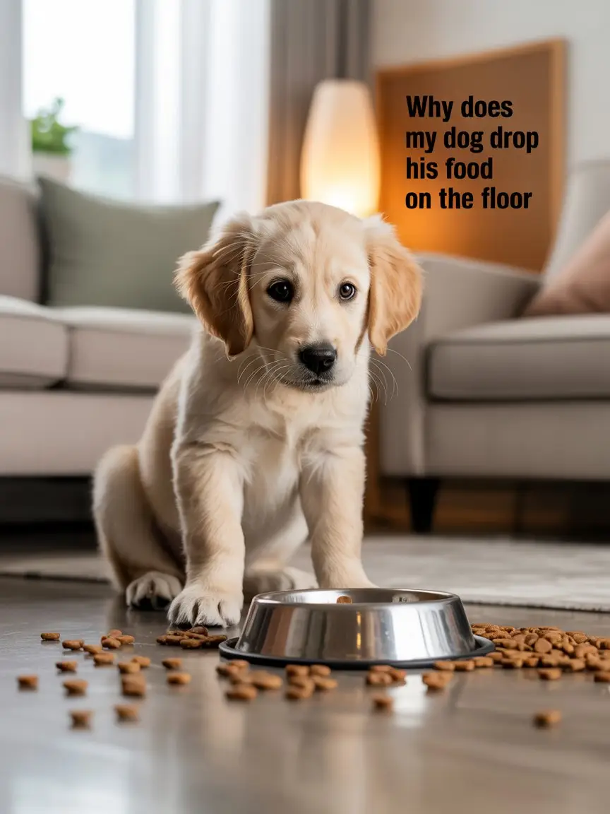 Dog with scattered kibble near bowl, illustrating why does my dog drop his food on the floor.